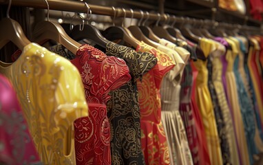 Elegant dresses of different colors in a women's clothing department