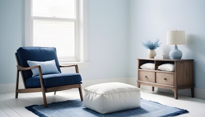 Navy armchair on a rug and wooden stool with pillows in white room