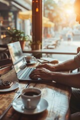 Online work: close-up of hands typing on a laptop with a blurry background