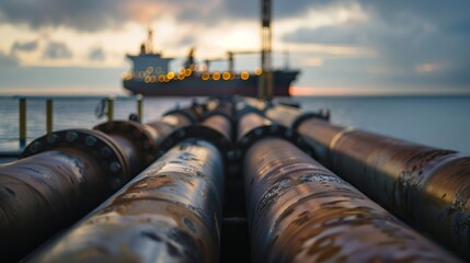 In the distance a massive ship can be seen transporting more pipeline sections to be installed.