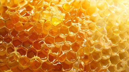 A detailed view of honey-filled honeycombs, showcasing nature's intricate design and sweetness.

