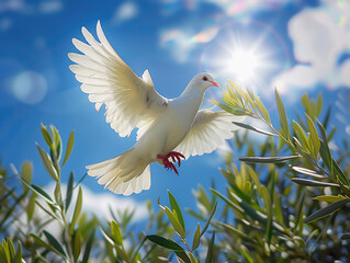 Fototapeta premium White Dove Holding Olive Branch in Beak Against Blue Sky