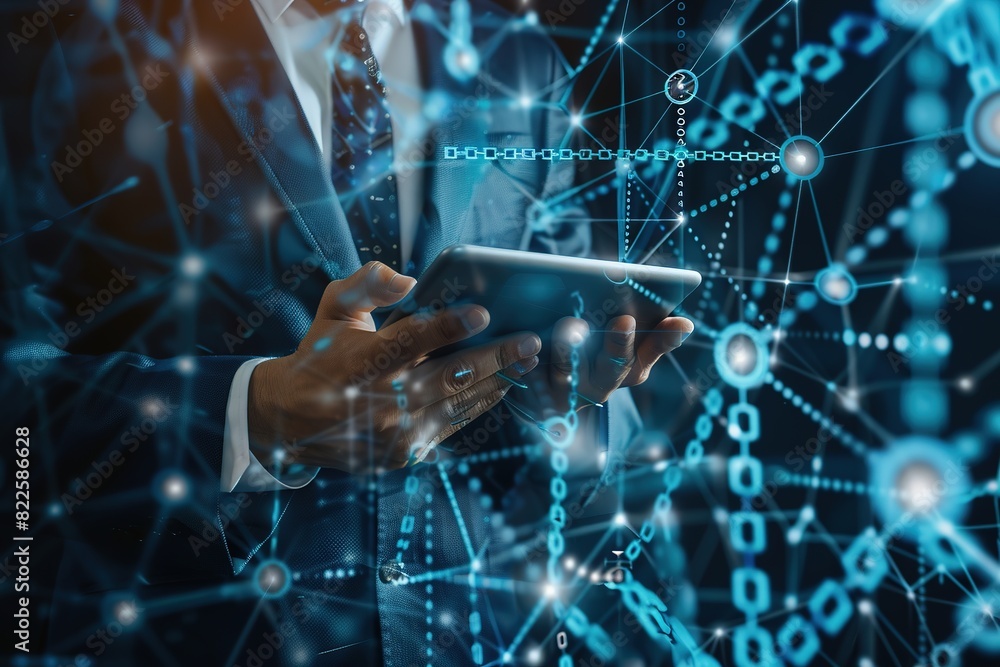 Poster businessman using tablet with digital blockchain pattern overlay