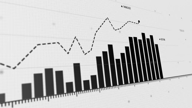 Dynamic monochrome visualization captures fluctuating financial markets with stark bar and line graphs, epitomizing the essence of economic analysis and the perpetual motion of trade and investment.