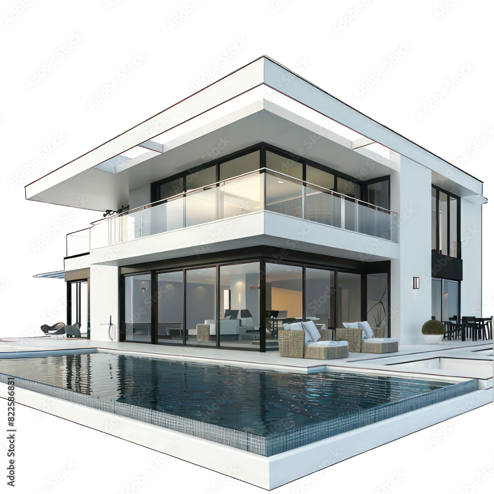 Poster modern house with pool isolated on white created with generative ai