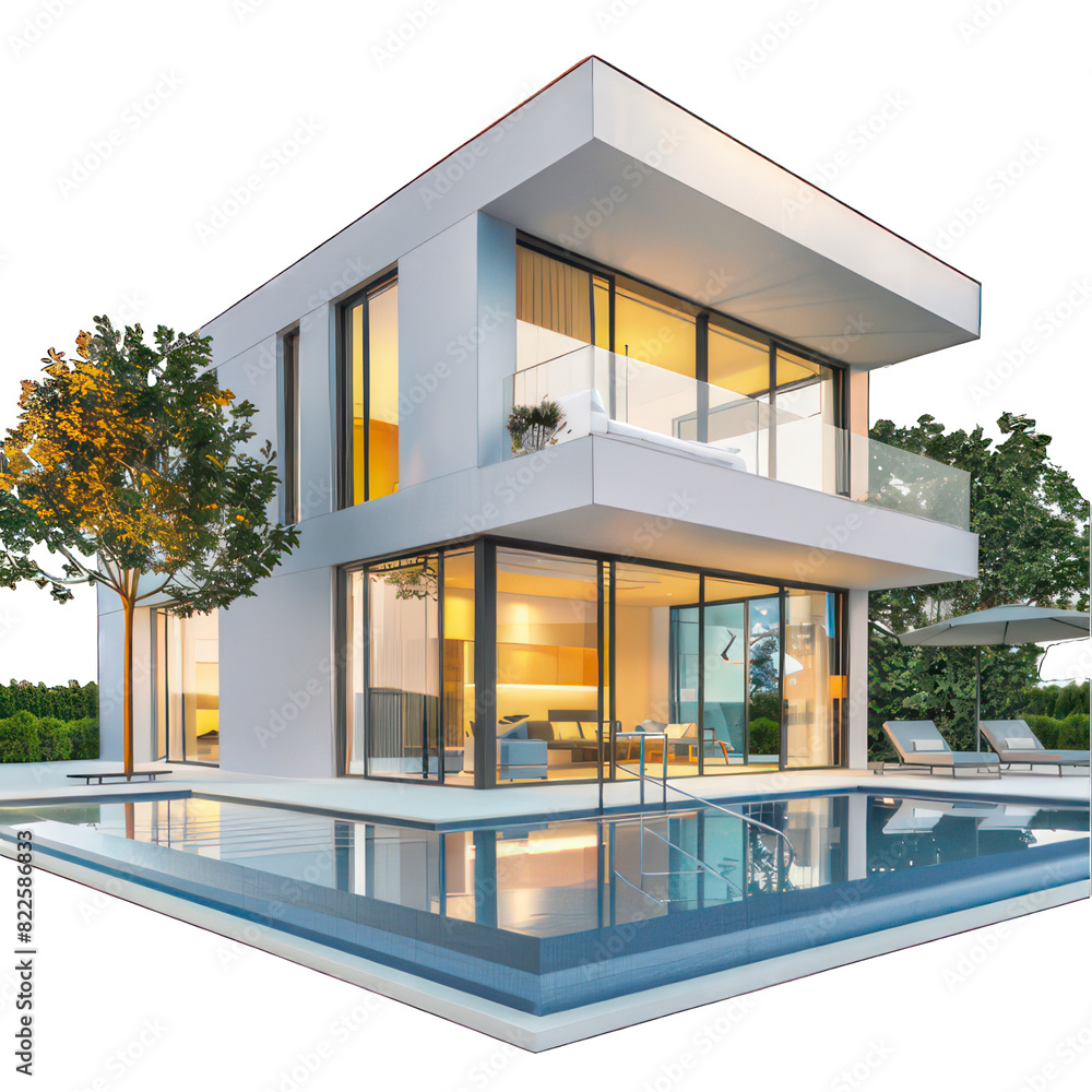 Poster modern house with pool isolated on white created with generative ai