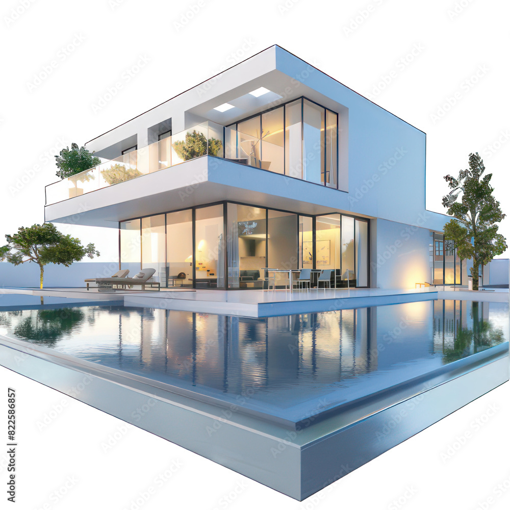 Poster modern house with pool isolated on white created with generative ai