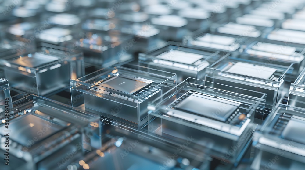 Poster A macro shot of multiple silicon wafers with semiconductors in a clean room.

