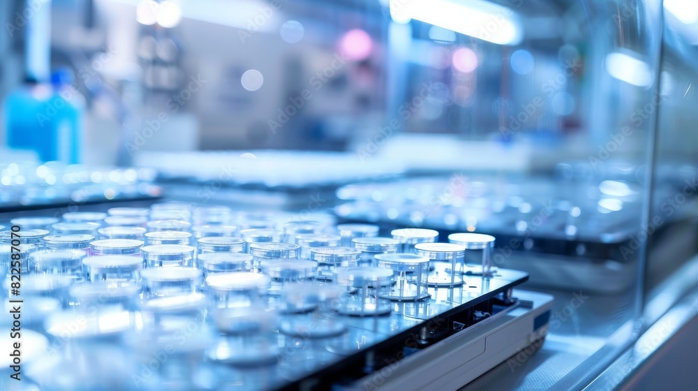 Poster a macro shot of multiple silicon wafers with semiconductors in a clean room.