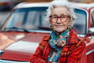 Happy senior grandmother looking cool and accomplished with car ownership