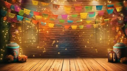 Vibrant fiesta setup with colorful papel picado banners, festive ambience, warm lighting, cultural celebration, traditional decorations, Mexican party, vivid colors, joyous occasion, lively backdrop.