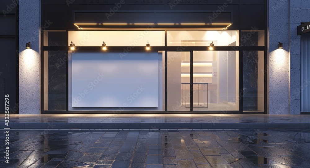 Aufkleber 3d store. front view of store with blank signage, night time. 3d rendering