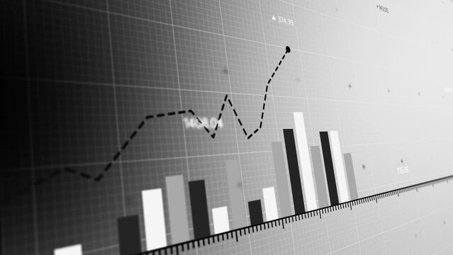 Dynamic Monochrome Visualization of Market Dynamics: Animated Graphs Depicting Financial Growth and Decline in Stark Black and White Contrasts