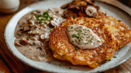 Savory czech potato pancakes, known as bramboraky, served with creamy mushroom sauce and garnished with fresh chives on a ceramic plate
