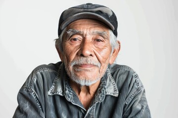 Fototapeta premium Elderly White Background. Portrait of Senior Hispanic Man Against White Background