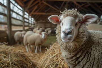 Healthy Animals. Domestic Sheep Looking at Camera in Wooden Barn with Group of Farm Animals Eating