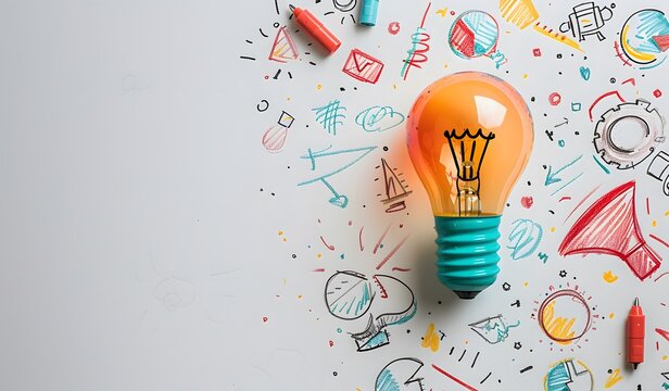 Colorful Light Bulb with Business Idea Sketches on White Background