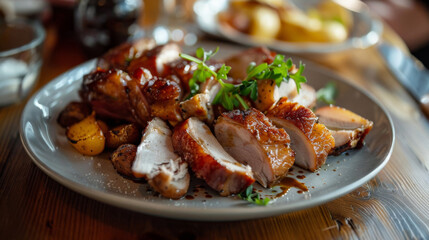 Delicious roasted duck with golden potatoes and fresh herb garnish on a ceramic plate