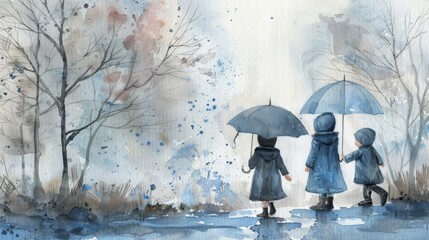 Rainy day, three little sisters go to school