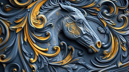 beautiful horse head carving, blue and yellow colors 3d relief wallpaper