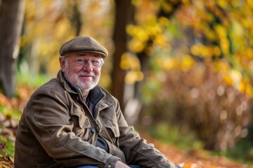 Fototapeta premium Male Senior Relaxing in Autumn Landscape. Sitting in Countryside with Copy Space