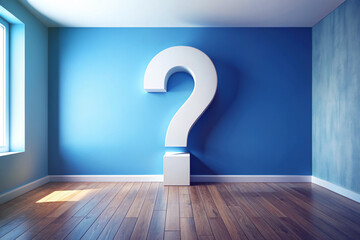 white big question mark in a room with on a blue wall