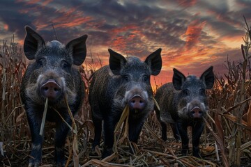 wild boars standing on the corn field