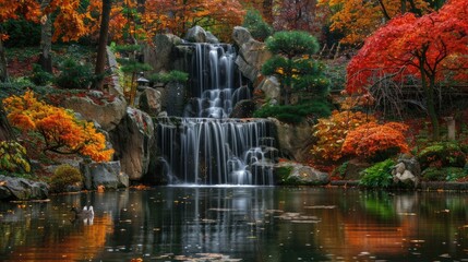 Garden Waterfall. Serene Cascade Waterfall in Japanese Garden for Tranquil Nature Experience