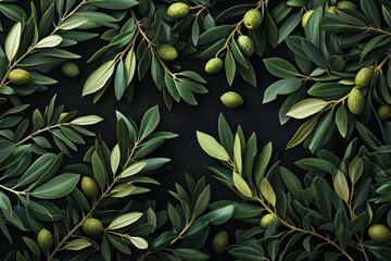 Flat lay illustration with fresh green olive fruits, leaves and twigs on black background. Overhead natural pattern with fruit tree branches