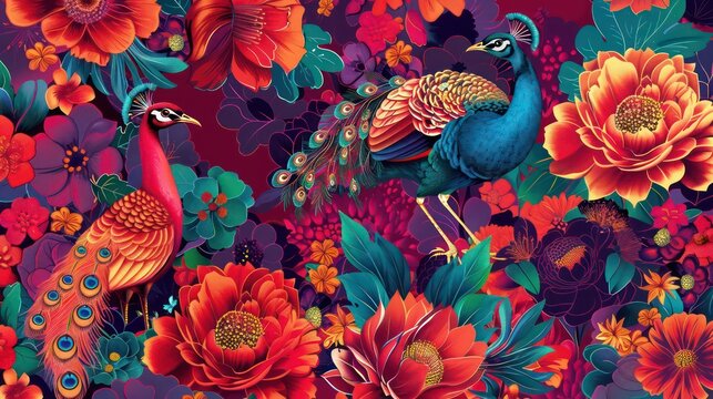 Elegant leather base combines bright color floral with exotic oriental pattern flowers and peacocks illustration background. 3d abstraction wallpaper for interior mural wall art decor