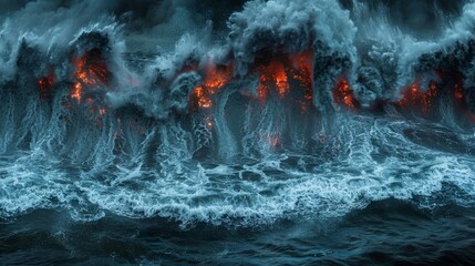  A large ocean body with a substantial volume of lava in its center, surrounded by water A red light emanates from the surface above the lava