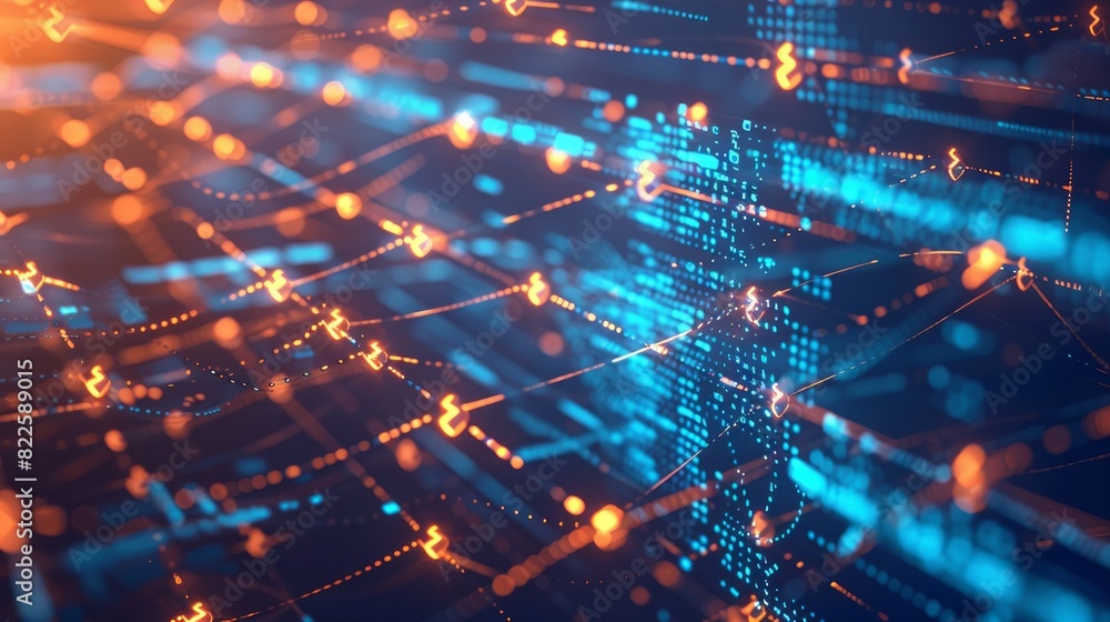 Poster a technological background depicting the flow of digital data transmission.