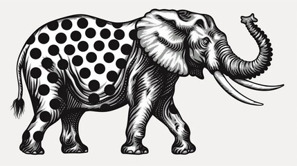 Black and white illustration of an elephant with polka dots, blending realistic and whimsical elements in a unique design.