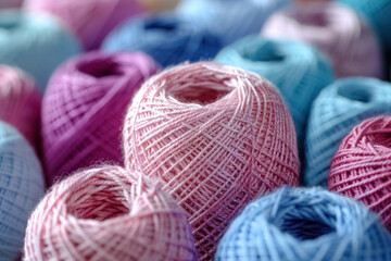 Close up of colorful pink, purple, blue balls of yarn on shop display, collection of pastel colors woolen skeins for knitting thread