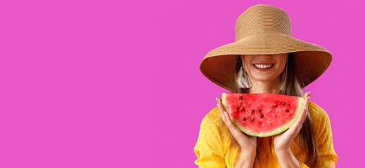 Happy young woman holding slice of fresh watermelon on bright color background with space for text