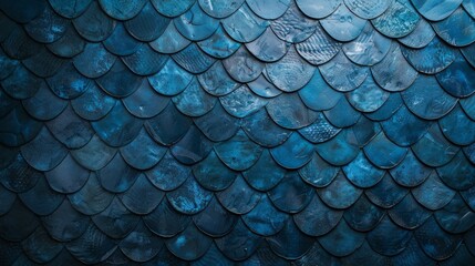 A wall covered with dark blue navy tiles resembling fish scales, inspired by the sea.

