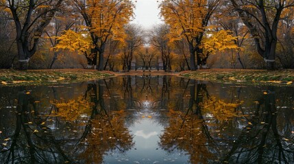 Fototapeta premium Autumn trees in a city park reflected in a mirror-like surface.