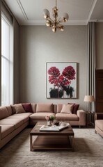Sophisticated professional photograph of a burgundy and rose gold luxury living room interior with abstract art and indoor palm trees