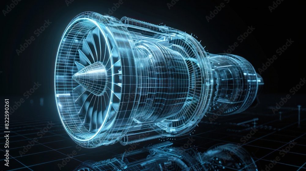 Fototapete a detailed wireframe rendering of a turbojet engine alongside its mirrored physical body, set agains