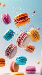 Obraz premium Tasty colorful macarons flying floating on light background, vertical banner for instastory or tiktok 