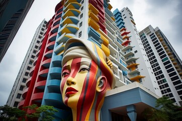 Vibrant sculpture facade adorns modern apartment complex against a cloudy sky