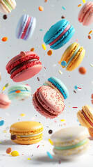 Tasty colorful macarons flying floating on light  background, vertical banner for instastory or tiktok 