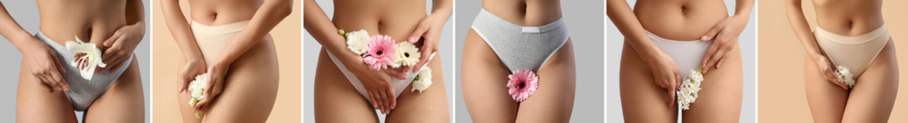 Set of beautiful young women in panties and with flowers on color background, closeup