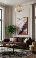 Sophisticated professional photograph of a burgundy and rose gold luxury living room interior with abstract art and indoor palm trees