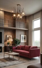 Fototapeta premium Sophisticated professional photograph of a burgundy and rose gold luxury living room interior with abstract art and indoor palm trees