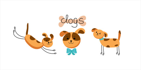 Cartoon animals, pets, dogs in different poses. Seth cute puppies. Hand lettering. Vector illustration. Background isolated.