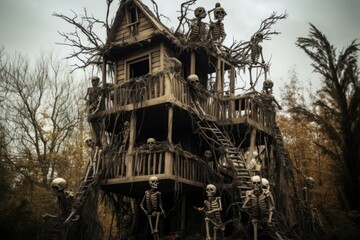 Eerie photo depicting a creepy treehouse adorned with skeletons in a dark, mystical forest