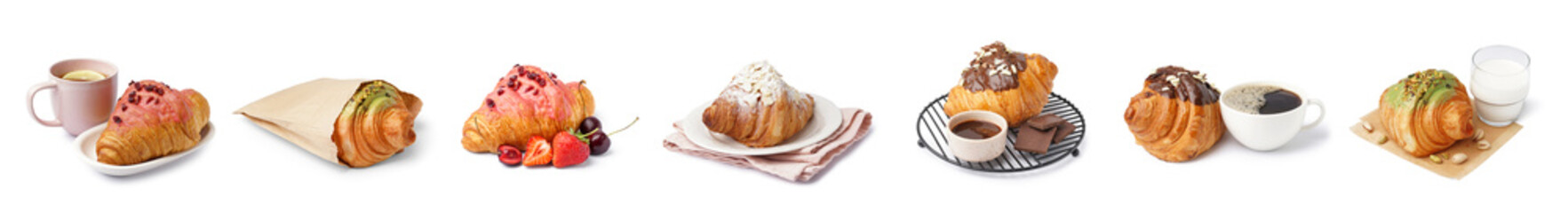 Collage of tasty sweet croissants on white background