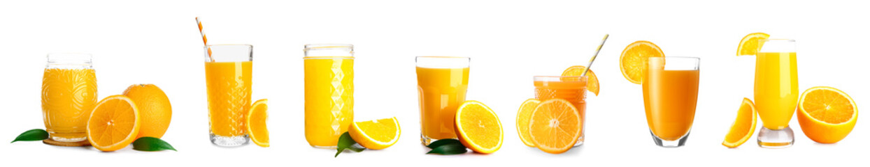Set of fresh orange juice on white background