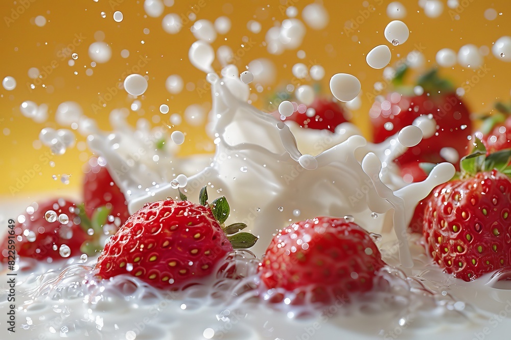 Poster fresh strawberries splashing into milk creating a dynamic and refreshing scene
